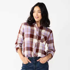 Women's Sonoma Goods For Life® Essential Everyday Button-Down Shirt -Sonoma Goods For Life Sales 4991213 Brown Purple Plaid
