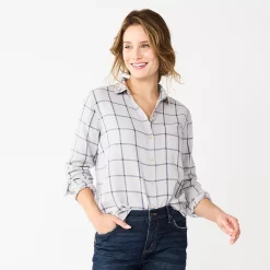 Women's Sonoma Goods For Life® Essential Everyday Button-Down Shirt -Sonoma Goods For Life Sales 4991213 Gray Blue Plaid