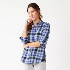 Women's Sonoma Goods For Life® Essential Everyday Button-Down Shirt -Sonoma Goods For Life Sales 4991213 Light Blue Plaid