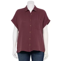Plus Size Sonoma Goods For Life® Short Sleeve Button Down Top -Sonoma Goods For Life Sales 5258112 Plum Prune