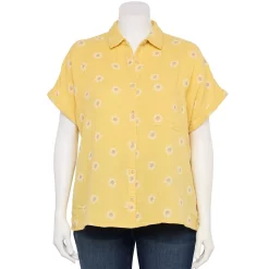 Plus Size Sonoma Goods For Life® Short Sleeve Button Down Top -Sonoma Goods For Life Sales 5258112 Yellow Textured Daisy