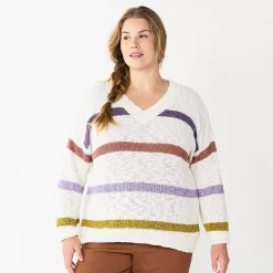 Plus Size Sonoma Goods For Life® Long Sleeve V-Neck Sweater -Sonoma Goods For Life Sales 5585496 Beige Stripe