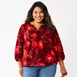 Plus Size Sonoma Goods For Life® Notchneck Long Sleeve Top -Sonoma Goods For Life Sales 5661416 Large Red Floral