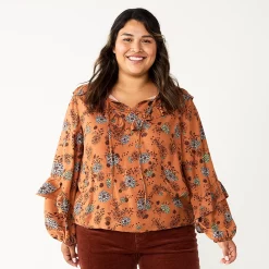 Plus Size Sonoma Goods For Life® Ruffle Peasant Top -Sonoma Goods For Life Sales 5662063 Brown Blue Floral