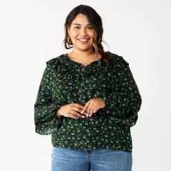 Plus Size Sonoma Goods For Life® Ruffle Peasant Top -Sonoma Goods For Life Sales 5662063 Dark Green Mini Floral
